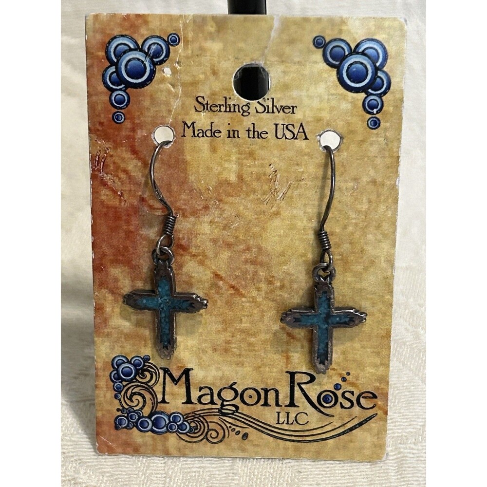 Magon Rose Sterling Silver Cross Earrings Turquoise Inlay Southwestern Artisan